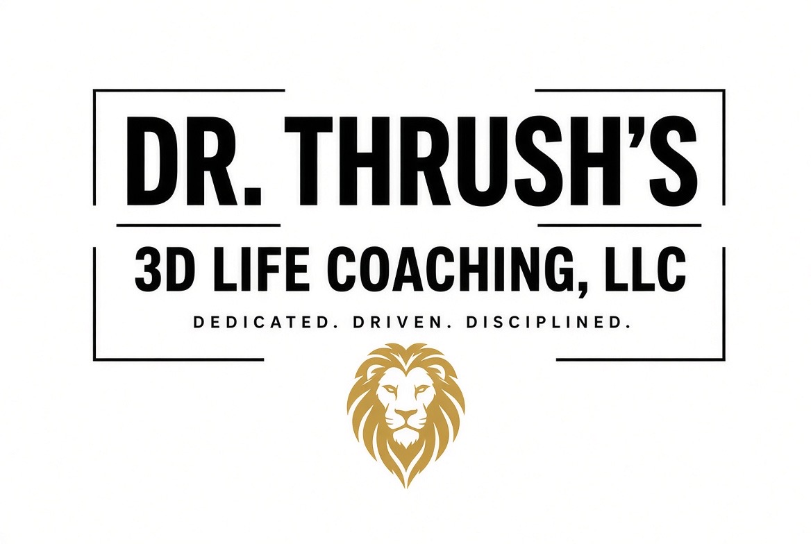 Dr. Thrush's 3D Life Coaching logo with gold lion